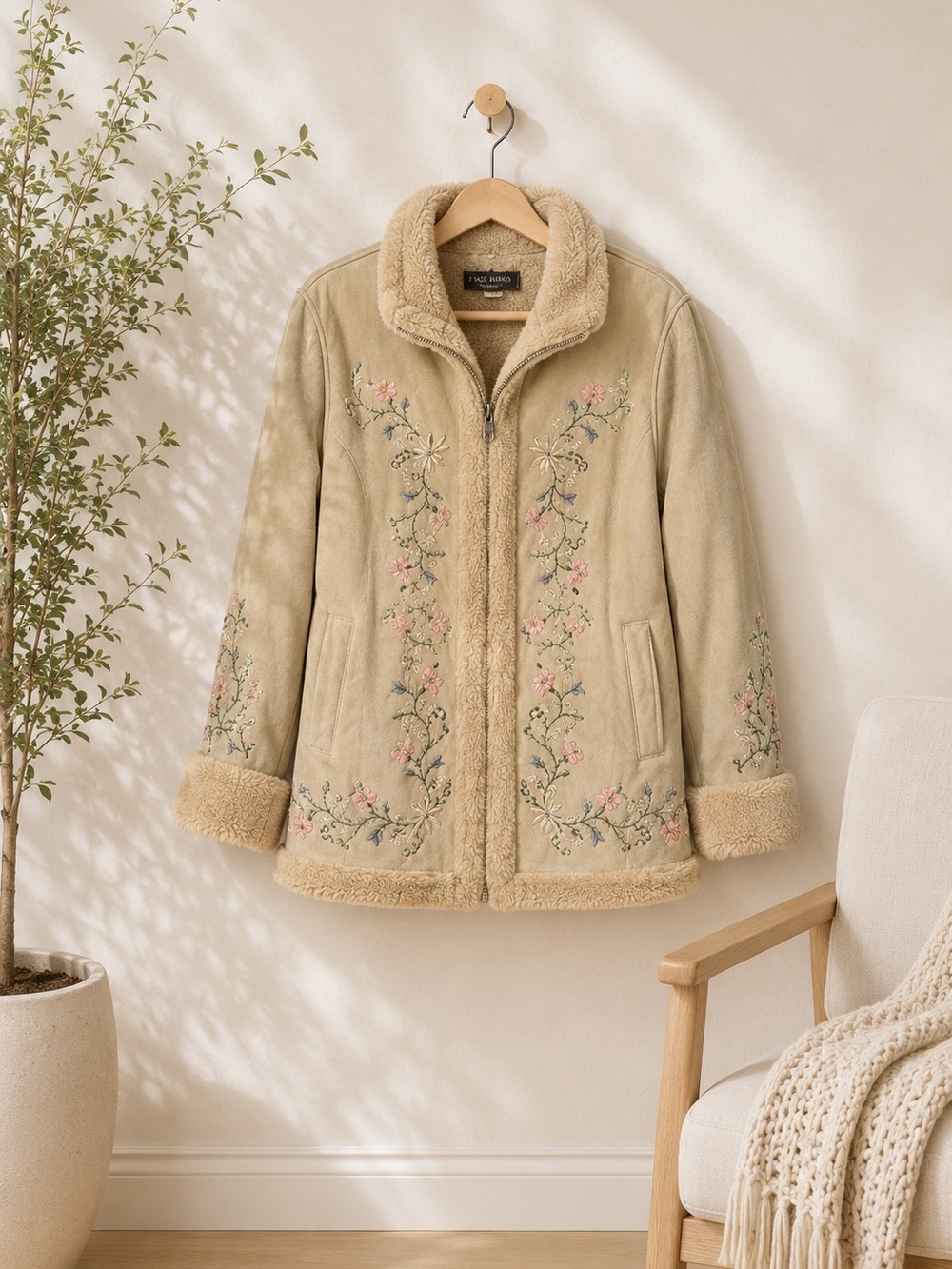 Fu Da Sport Faux Suede‎ Embroidered Sherpa Coat Sz L Phoebe Buffay Inspired 90s